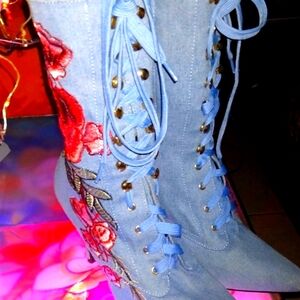 Denim lace up front heel boots